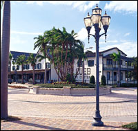 A bricked roundabout on a city street